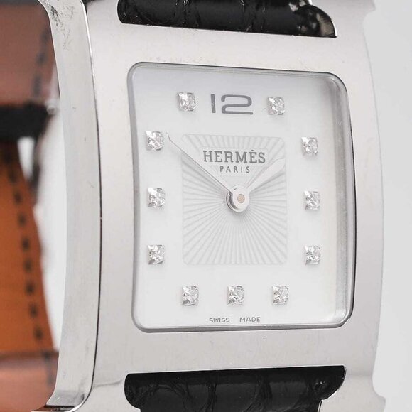 Hermes Palladium Plated and Diamond Black Alligator Heure H Small Quartz Watch - Picture 2 of 7